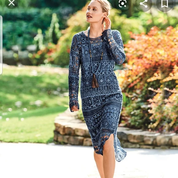 XCVI Dresses | XCVI Fonda Crochet Blue Floral Long Sleeves Midi Dress. Medium Small | Color: Blue | Size: S | Marinasid's Closet